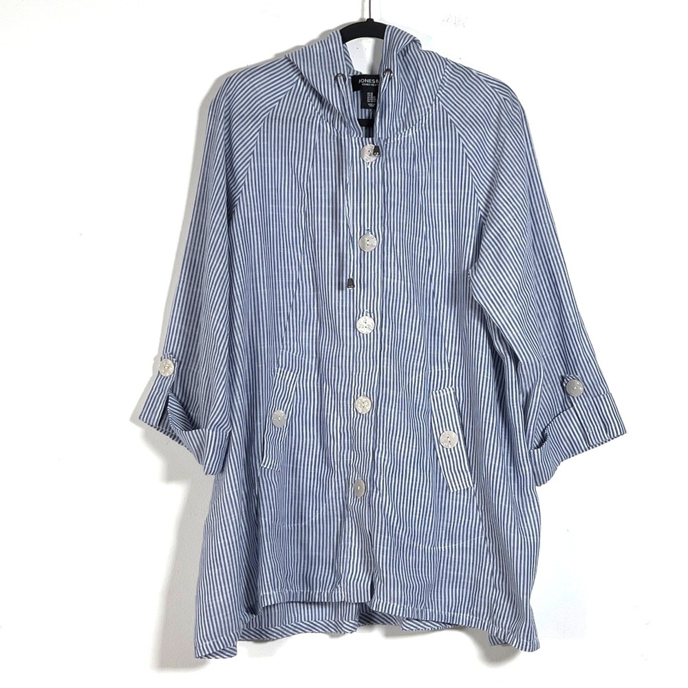 Jones & Co Hooded Linen Blend Jacket Womens 1X Blue White Striped 3/4 Sleeve